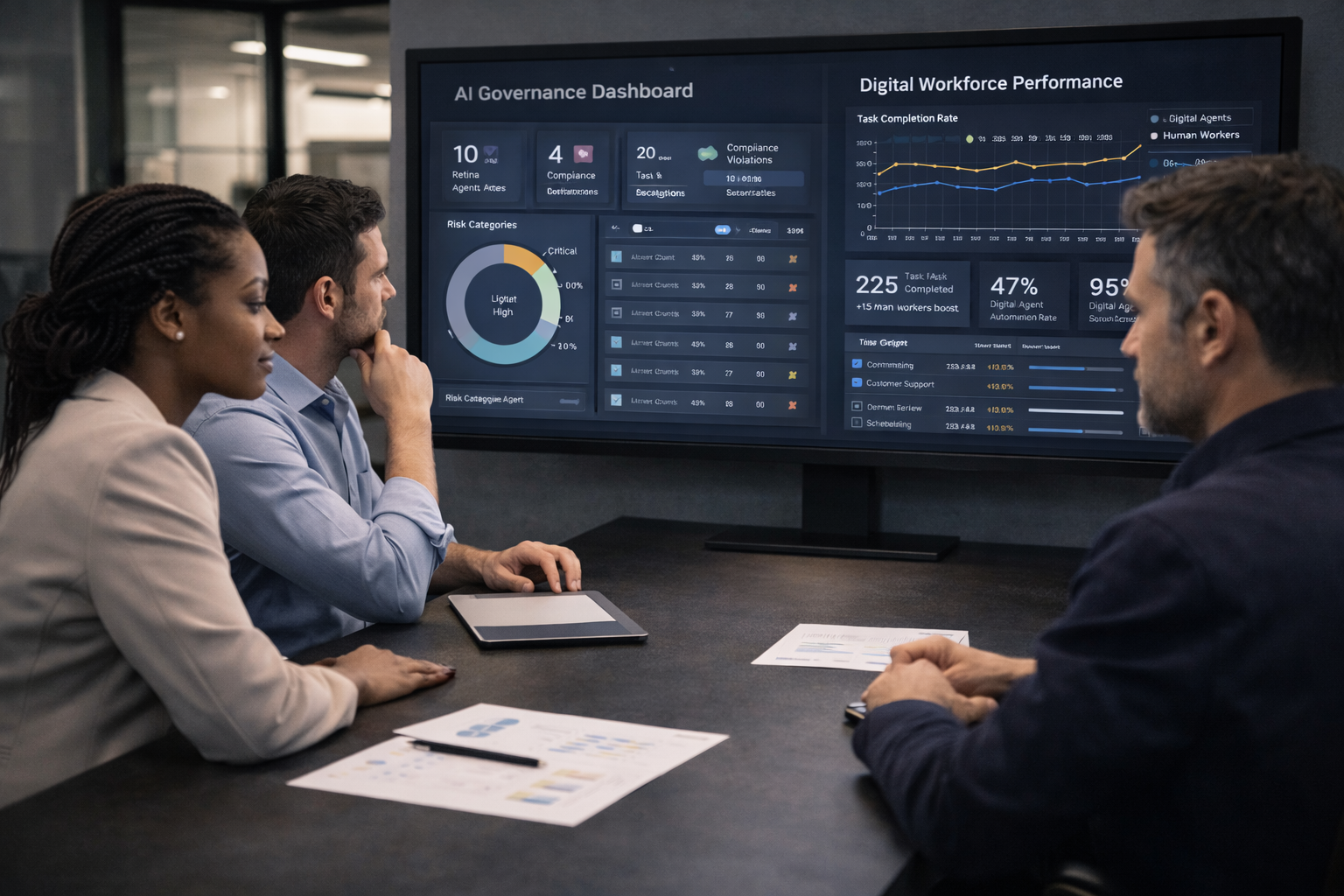 Executive team reviewing AI governance and digital workforce metrics.